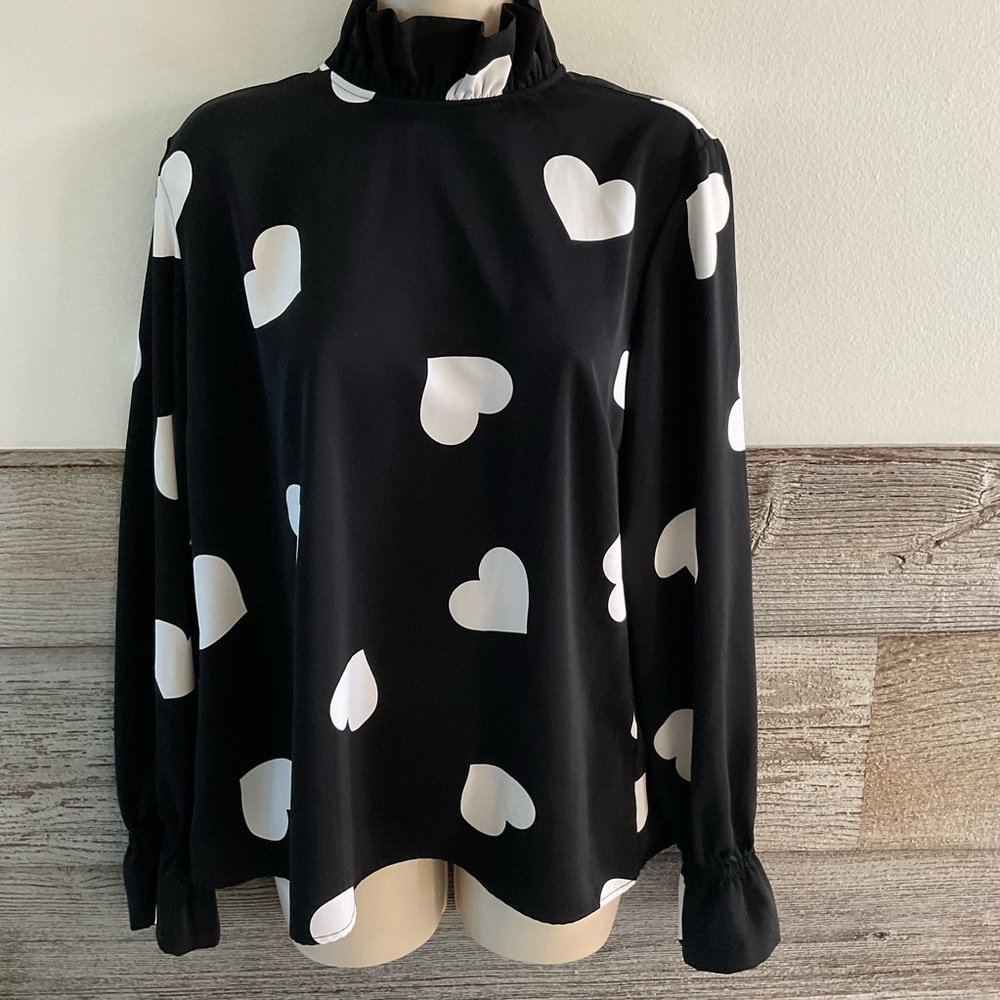 Studio Park Stretch Woven Bow Blouse hearts Size Small (O1)